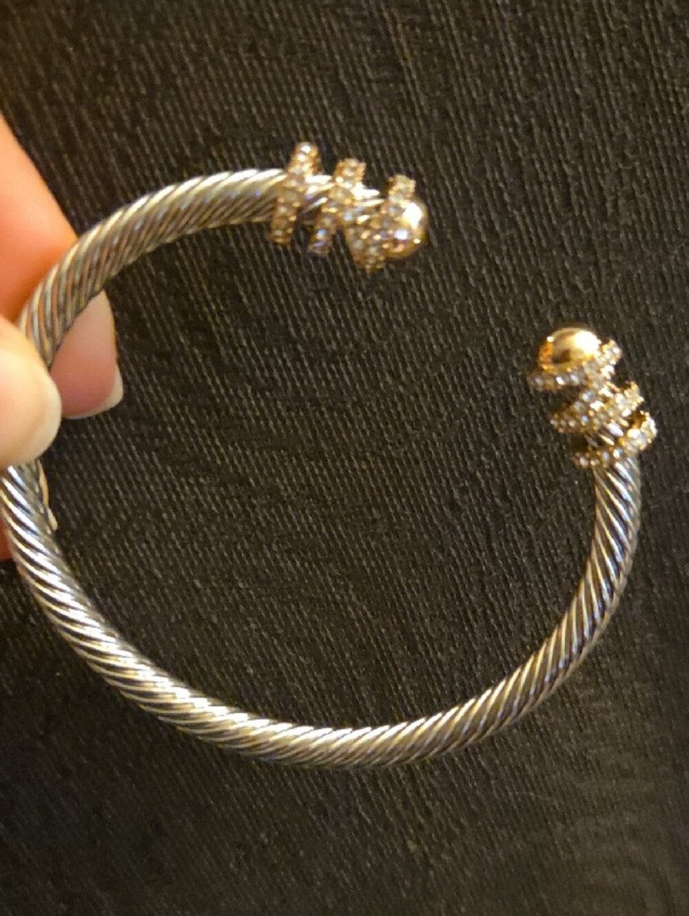 Gold Tone and Silver Tone Cable Cuff Bangle Rope Bracelet Pave Crystal Accents - Picture 3 of 8